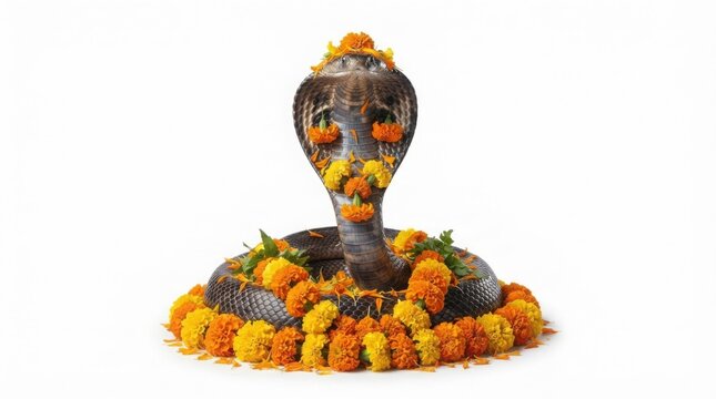 Sacred king cobra snake adorned with orange and yellow marigold flowers