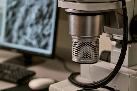 An electron microscope stand sits in a laboratory beside a screen displaying magnified microscopic data.