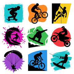 Obraz premium Extreme sports silhouettes set featuring surfing biking climbing snowboarding skateboarding motocross and paragliding. vector illustration