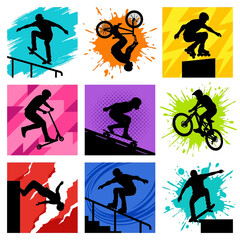 Obraz premium Silhouettes of extreme sports athletes performing stunts including skateboarding BMX biking rollerblading scootering and parkour tricks. vector illustration
