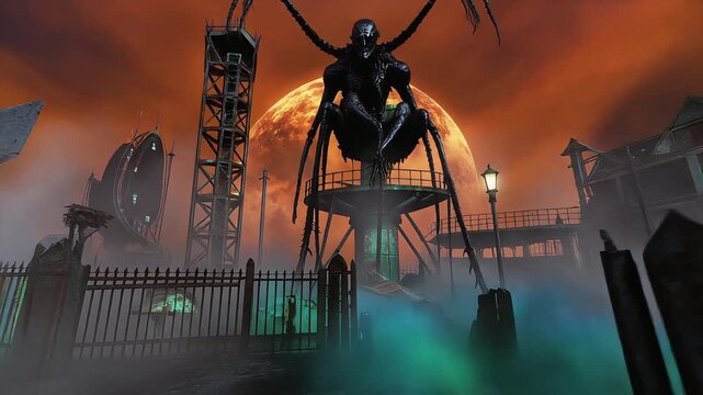 Menacing alien creature perched atop a metal tower under a glowing giant orange moon in this dark atmospheric horror video