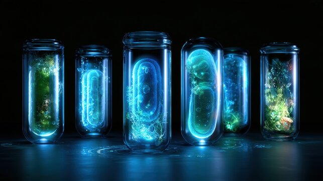 Different glowing ecosystems in jars illustrate diverse patient microbiomes before and after a clinical trial intervention.