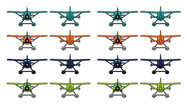 Set of colorful small propeller planes in different views against a white background with aircraft propeller aviation