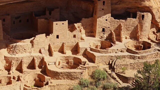 Warm sunset light illuminates ancient masonry dwellings nestled beneath towering sandstone cliffs at Mesa Verde Cliff Palace