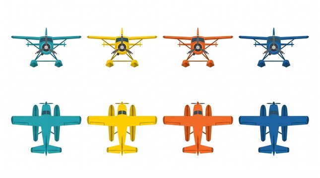 Set of bush planes and seaplanes showcased from front and top views with seaplane aircraft aviation transport colorful