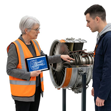 Senior female aerospace engineer inspecting a generic jet turbine engine prototype with a complex tablet schematic