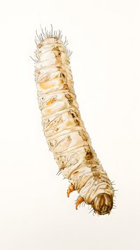 Watercolor illustration of a wood-boring larva with bristles
