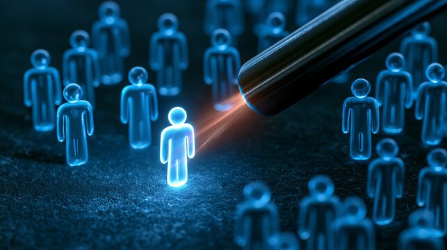 Selection spotlight highlights one person among numerous figures, representing targeted data analysis and focused decision making