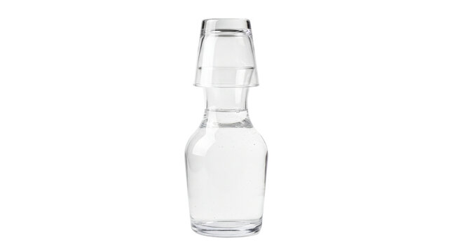 Clear glass water carafe with inverted drinking tumbler, minimalist bedside nightstand water bottle, elegant glass pitcher for hotel guest room isolated PNG with Transparent Background
