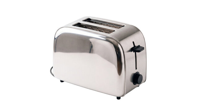 Polished chrome toaster with two slots, modern stainless steel kitchen appliance, metallic electric bread toaster for breakfast preparation isolated PNG with Transparent Background