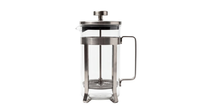 Modern French press coffee maker, stainless steel and glass cafetiere, professional barista brewing equipment for home kitchen and cafe isolated PNG with Transparent Background