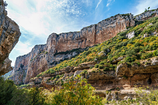 Walking through the Foz de Lumbier canyon in the Aragon Pyrenees. Spain. Europe.