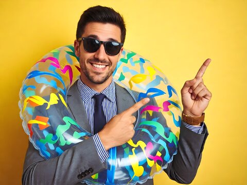 Cheerful smiling young businessman wearing black swim ring and sunglasses pointing his finger towards empty copy space on yellow background.
