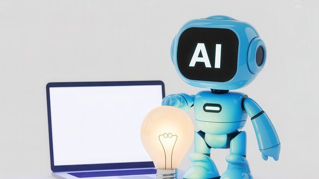 Artificial intelligence robot with laptop and glowing light bulb, blue AI bot character for technology and innovation concepts