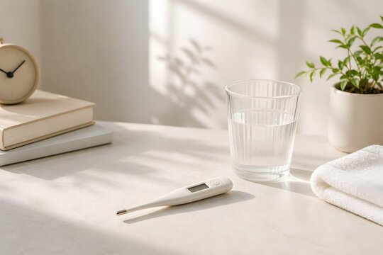 Digital Thermometer and Glass of Water on Table in Sunlight