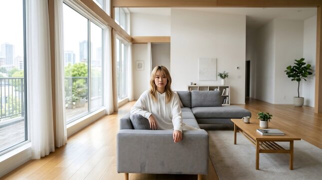 Young Asian woman sitting on a modern sofa in a bright apartment