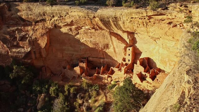 Golden sunset light illuminates the tall sandstone masonry tower and alcove rooms at Square Tower House in Mesa Verde National Park