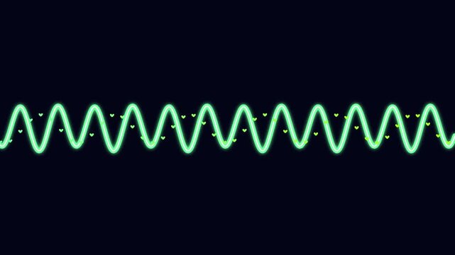 High frequency green sound wave with dots on dark background, digital audio graphic element