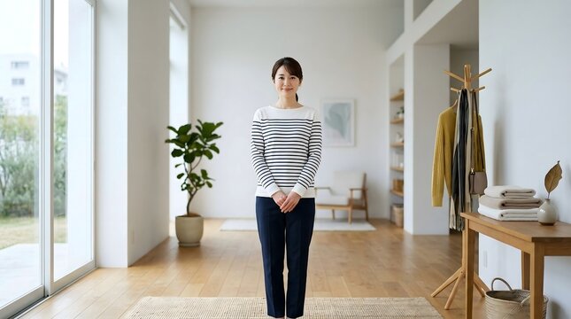 Smiling Japanese woman standing in a bright modern minimalist living room