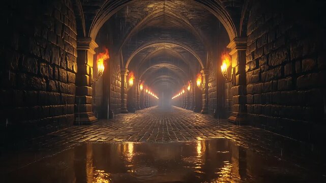 Stone dungeon corridor featuring flickering torches illuminating wet floor reflections within an atmospheric dark medieval castle video animation motion background