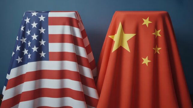 United States and China flags draped over pedestals, geopolitical relations and trade partnership concept, American and Chinese national symbols