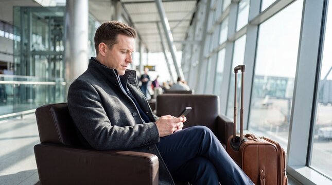 Professional businessman using smartphone while waiting with luggage at modern airport terminal, corporate business travel and executive lifestyle concept