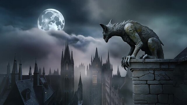 Gothic gargoyle statue perched on stone ledge overlooking dark misty city with full moon in atmospheric horror video animation clip