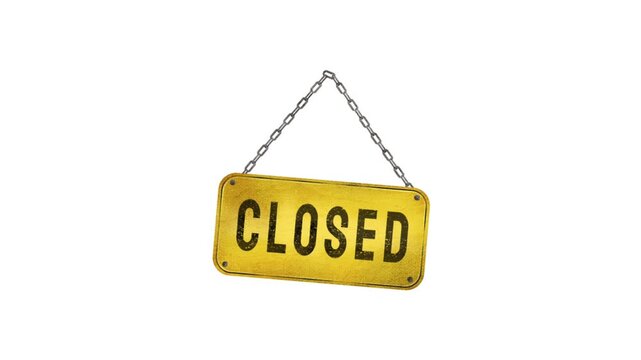 closed sign isolated on white 3D animated golden metal sign hanging by chains with the text "CLOSED"