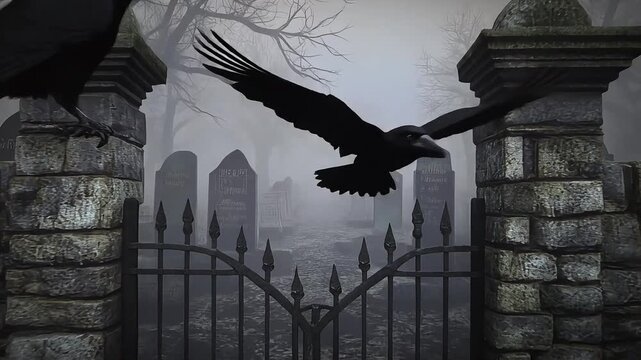Black crows fly near an old stone cemetery gate under heavy mist during a dark and eerie motion video animation