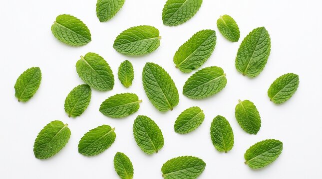 Fresh green organic mint leaves arranged in a pattern for culinary decoration on white background