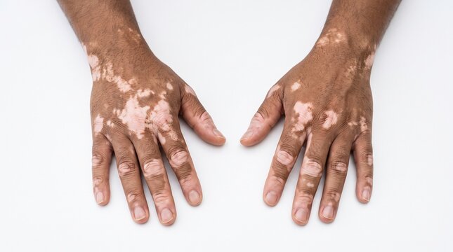 Human hands showing vitiligo skin pigmentation patches in a studio shot captured on white background