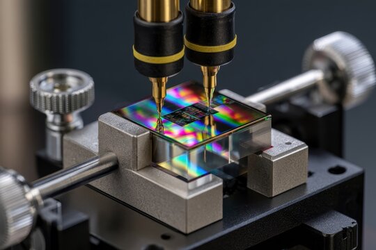 Advanced microchip wafer under precise probing needles in a high-tech laboratory setting with colorful diffraction lighting.