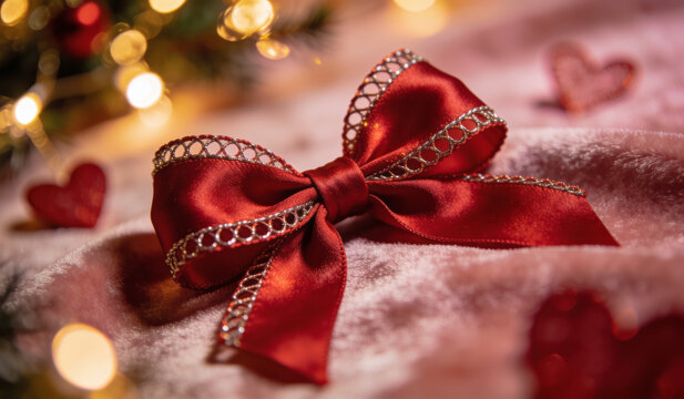 The lush and luxurious ribbon knot symbolizes celebration, representing a special occasion. A rich and luxurious red ribbon that evokes Christmas