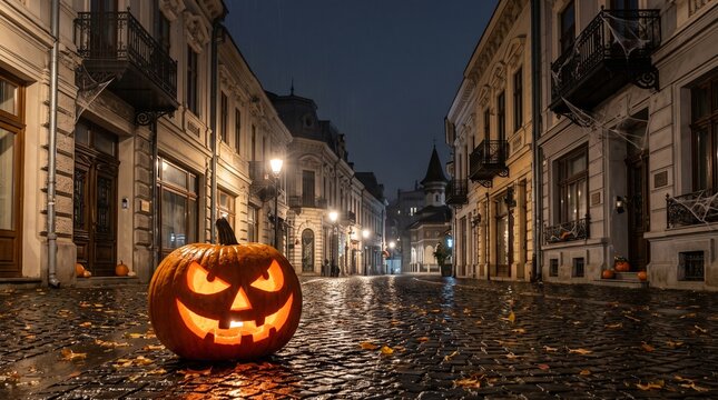Rainy Halloween Night in Bucharest Old Town
