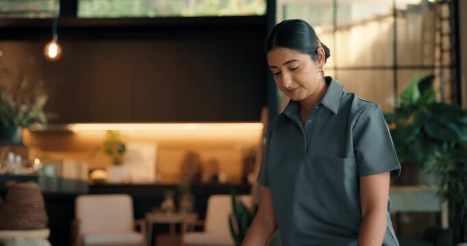 Portrait, woman and smile at spa with setup, massage preparation and cleanliness for hospitality. Masseuse, organizing and housekeeping at resort with fresh linen, arrangement and luxury treatment