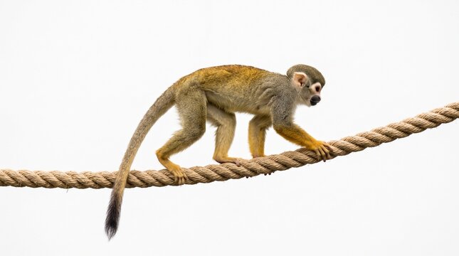 Small squirrel monkey walking carefully across a thick brown rope isolated on white background
