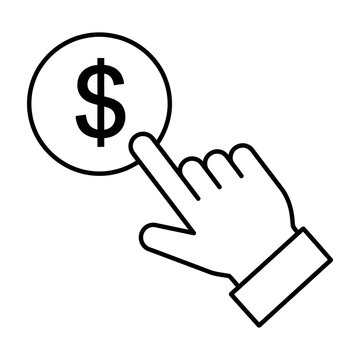 Black and white line art of a hand pointing to a dollar sign symbol
