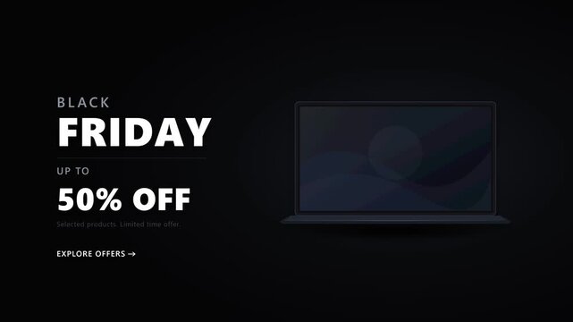 Black Friday Sale Promotion E-commerce Laptop Display Minimalist Dark Background Loop