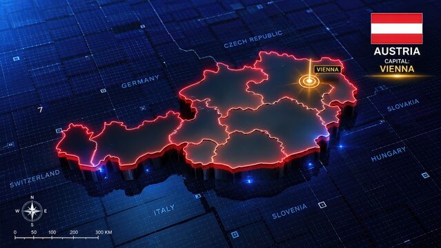 Austria 3D Map with Austrian Flag and Vienna Capital Location