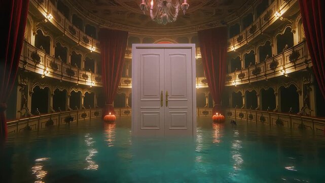 Mysterious white door standing in a flooded vintage theater with floating orange pumpkins and dramatic fog during video motion footage