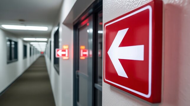 Red directional arrow sign in office hallway, emergency exit guidance symbol on wall, modern interior corridor with navigation signage