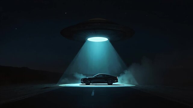 Sports car sitting under mysterious glowing extraterrestrial ufo beam on dark desert highway in this cinematic science fiction motion footage