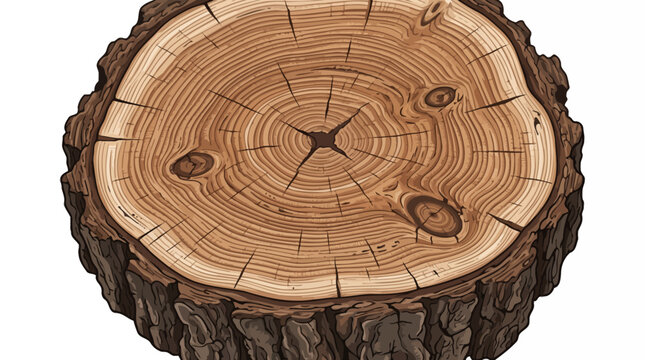 Close up of a natural wood slice with visible growth rings and bark texture.