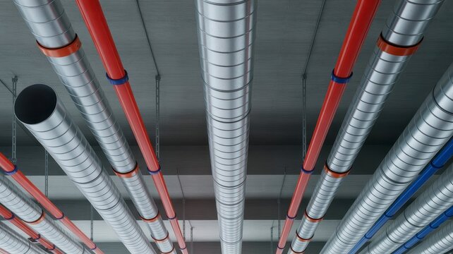 Industrial HVAC ventilation system, silver spiral metal air ducts and red fire sprinkler pipes on concrete ceiling, modern building infrastructure