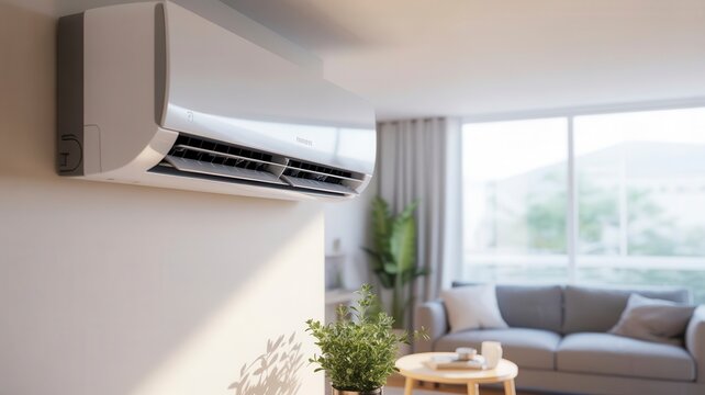 Modern split air conditioner on white wall, sleek AC unit cooling contemporary living room, energy efficient home climate control system