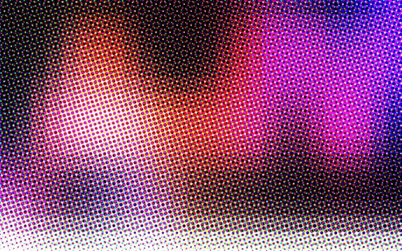 Fluid motion of magenta and yellow halftone dots creating a wavy and colorful abstract texture for design