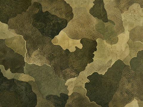 Military Olive Camouflage Halftone Texture With Abstract Camouflage Islands And Field-Print Texture