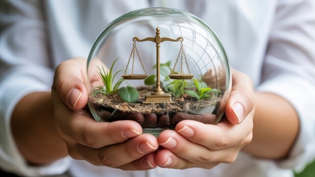 Environmental law concept with justice scales in glass terrarium, hands holding green ecosystem and legal balance, sustainable ecology protection