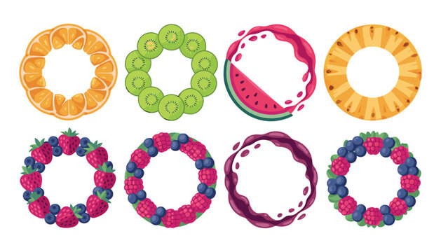 Fresh Fruit Circle Wreath and Juice Splash Vector Icon Set Featuring Orange Kiwi Watermelon Pineapple and Berry Borders for Smoothies and Food Packaging Designs