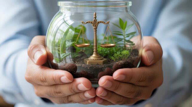 Environmental justice concept with scales of justice inside a glass terrarium, hands holding green ecosystem, ecological law and sustainability
